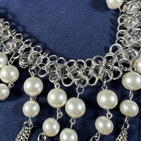 Statement Necklace With Faux Pearls & Silver Chains - Picture 4 of 4